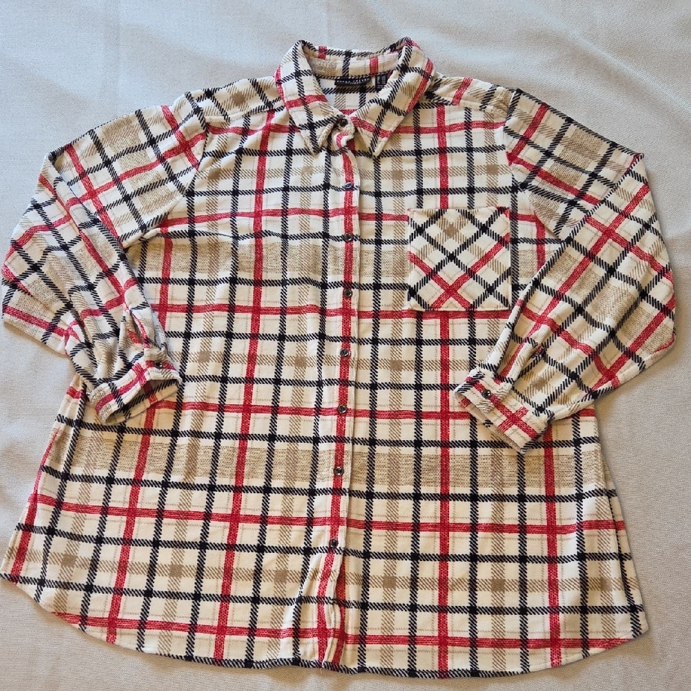 Susan Graver Weekend Printed Plaid Button Front Duster Soft Size 2x